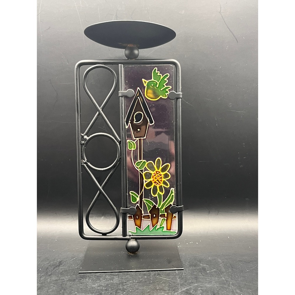 Black Metal Pillar Candle Holder With Stained Glass Birdhouse Floral-7.5" Tall